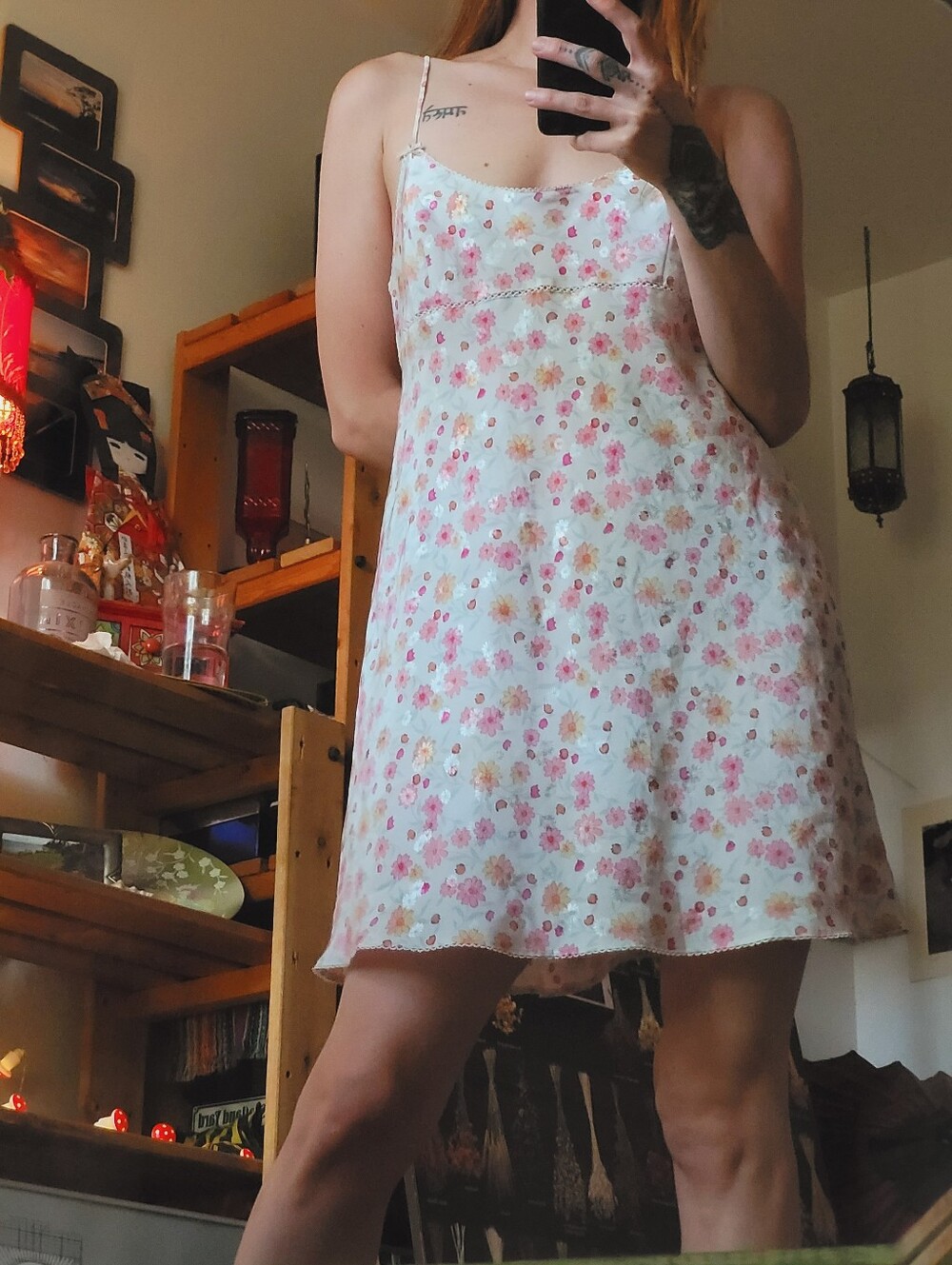 La SENZA Vintage White Pink Floral Chemise Satiny Slip Dress - L